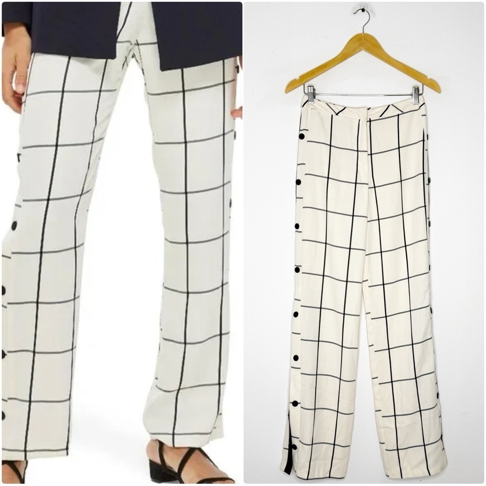 Topshop Windowpane Grid Pants Cream Black Side Button US 4